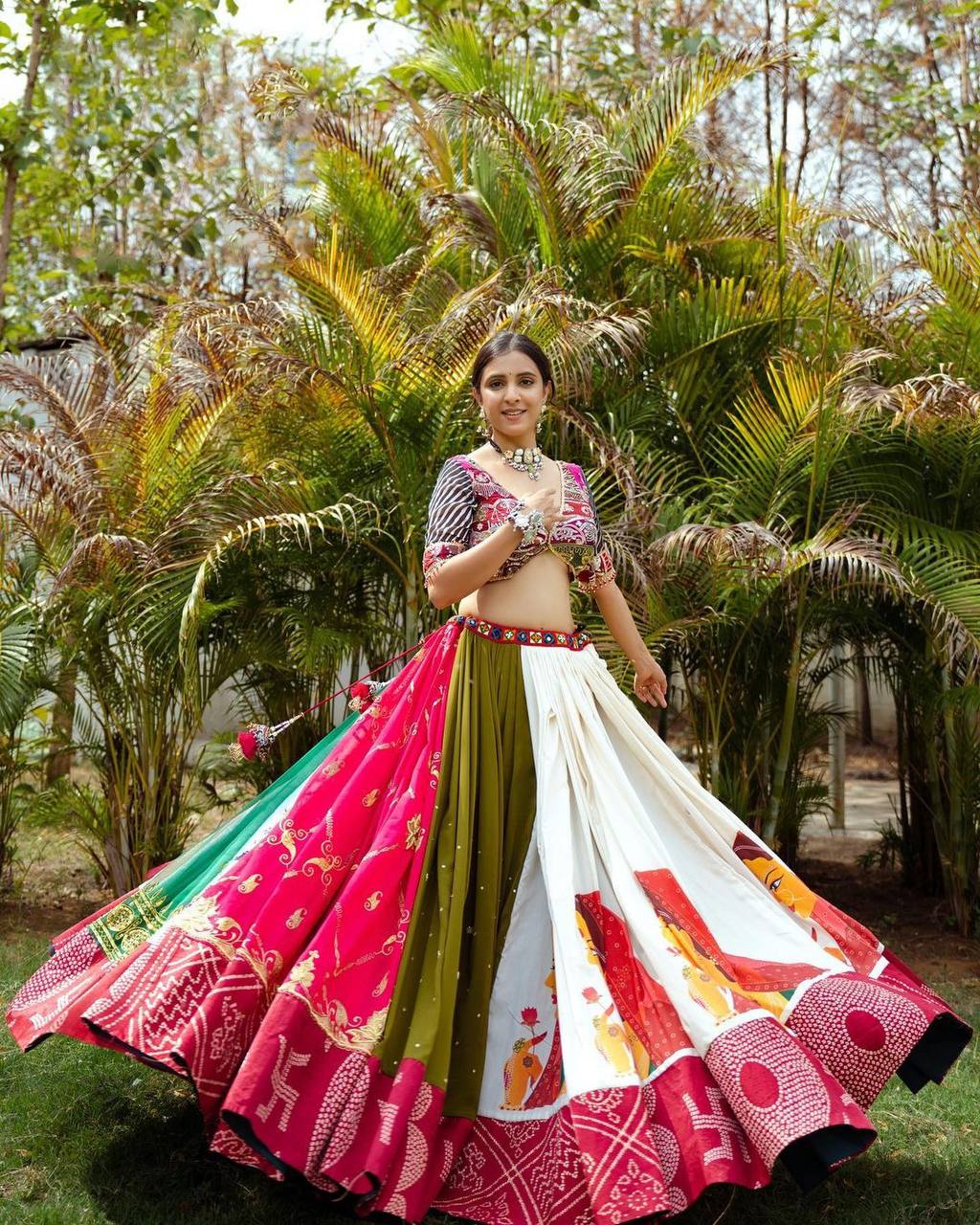 Ethnic Embroidery Stunning Red and White Navratri Lehenga Choli