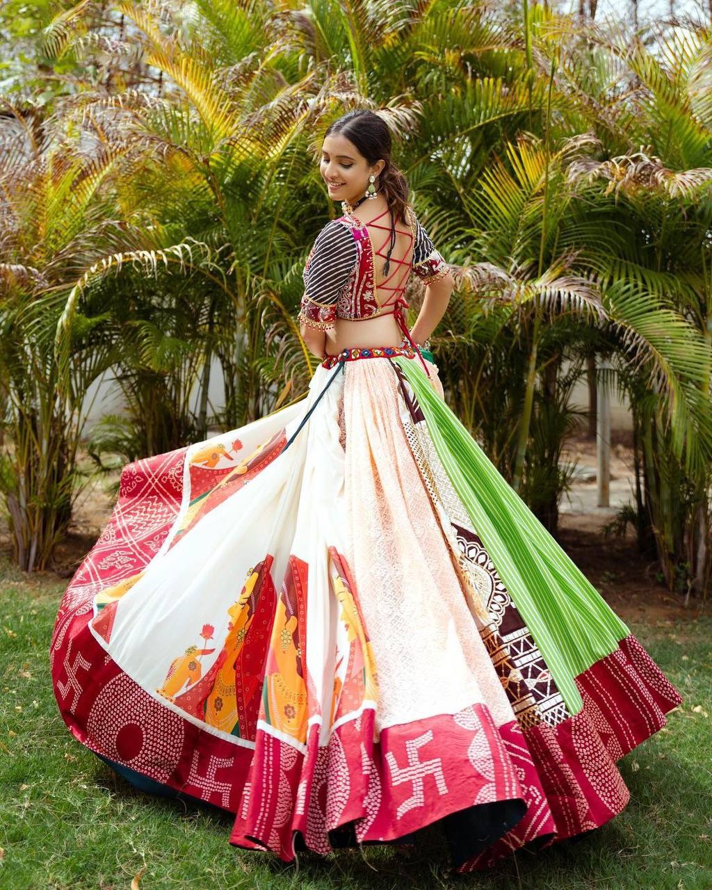 Ethnic Embroidery Stunning Red and White Navratri Lehenga Choli