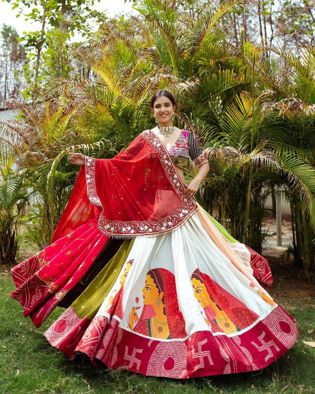 Ethnic Embroidery Stunning Red and White Navratri Lehenga Choli