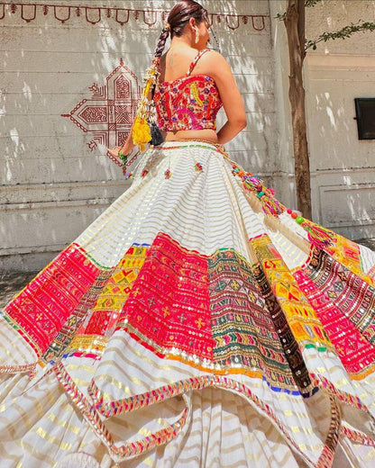 Off White Color Muslin Cotton With Digital Print Real Mirror Work Designer Navratri Special Lehenga Choli Set