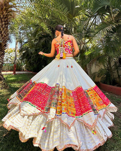 Off White Color Muslin Cotton With Digital Print Real Mirror Work Designer Navratri Special Lehenga Choli Set