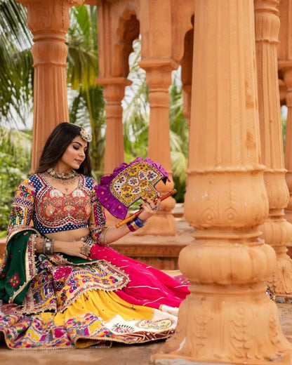 Multicolor print mirror work gujarati garba navratri lehenga choli