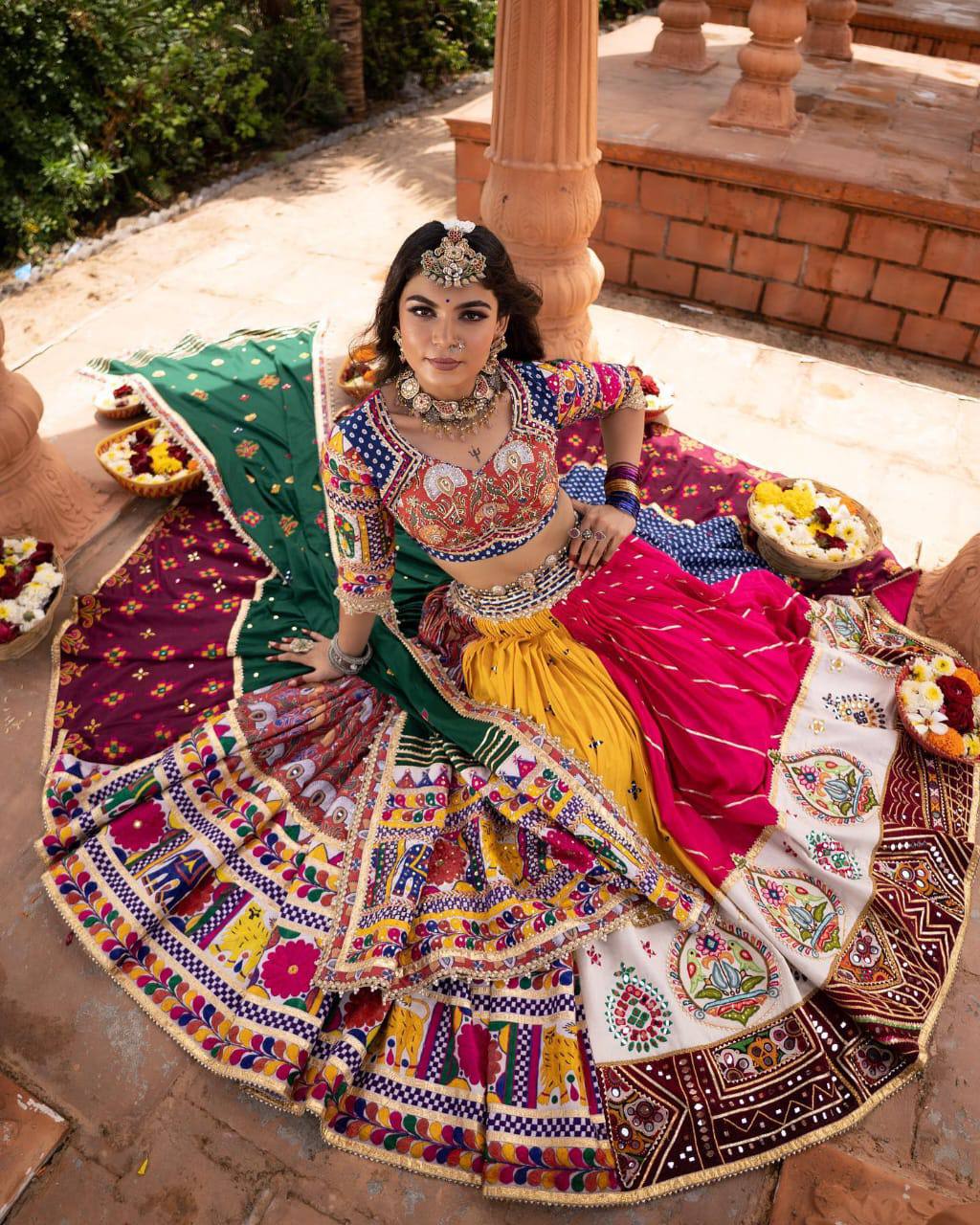 Multicolor print mirror work gujarati garba navratri lehenga choli