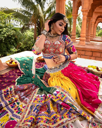 Multicolor print mirror work gujarati garba navratri lehenga choli