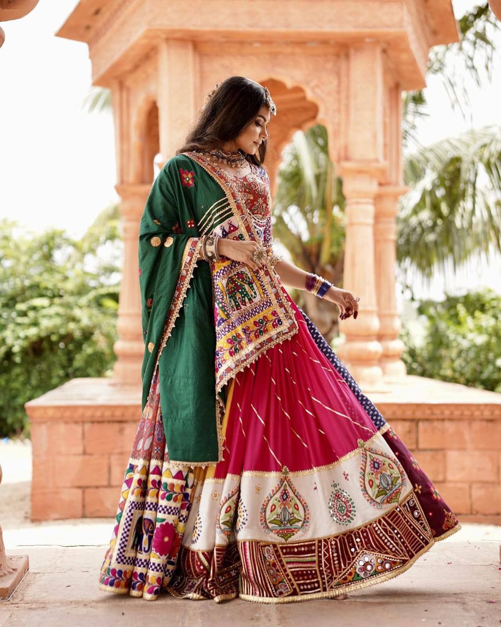 Multicolor print mirror work gujarati garba navratri lehenga choli