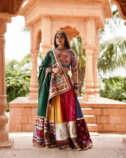 Multicolor print mirror work gujarati garba navratri lehenga choli