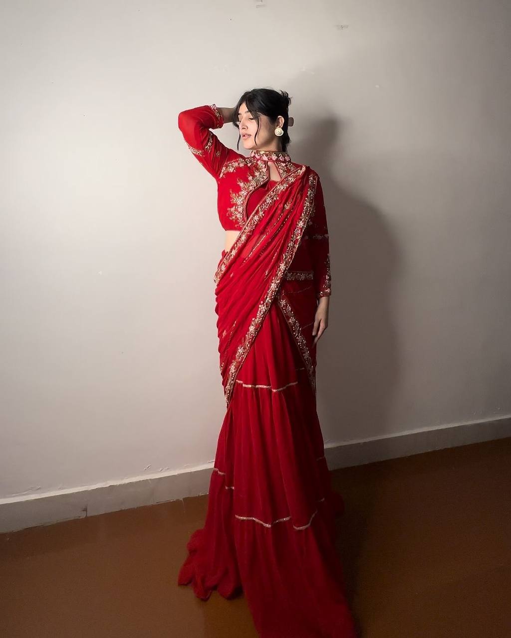 HINA CHERRY RED EMBROIDED LEHENGA SAREE