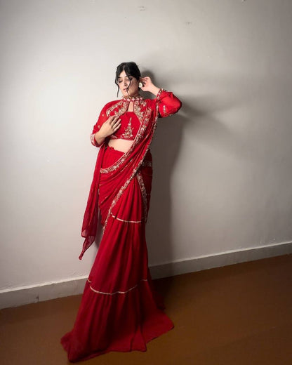 HINA CHERRY RED EMBROIDED LEHENGA SAREE