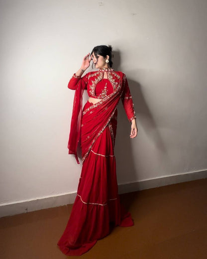 HINA CHERRY RED EMBROIDED LEHENGA SAREE