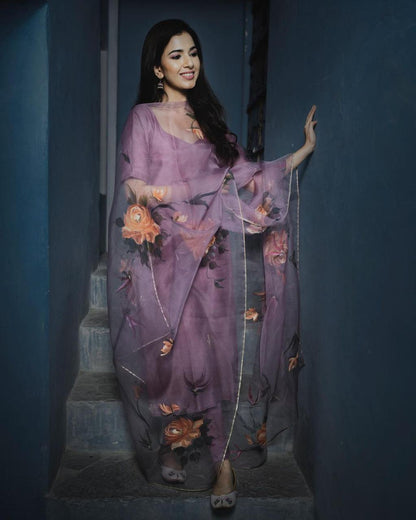 luxurious Beautiful pair of dusty lavendar kurta straight fit pants pair with duppta set KB-129