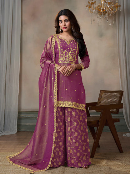 Pink Viscose Tissue with Pitta work Sharara Suit Set