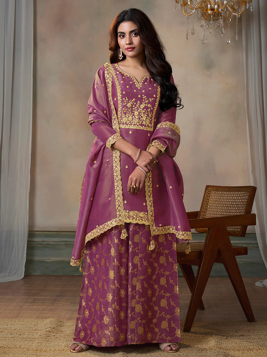 Pink Viscose Tissue with Pitta work Sharara Suit Set