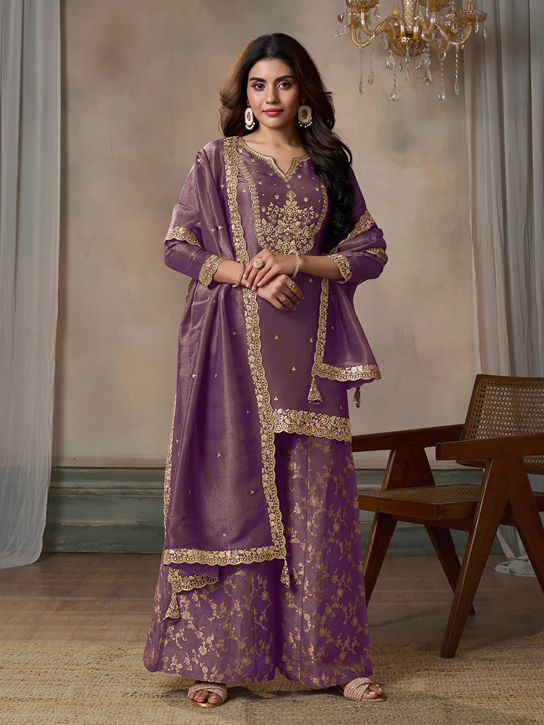 Purple Viscose Tissue with Pitta work Sharara Suit Set