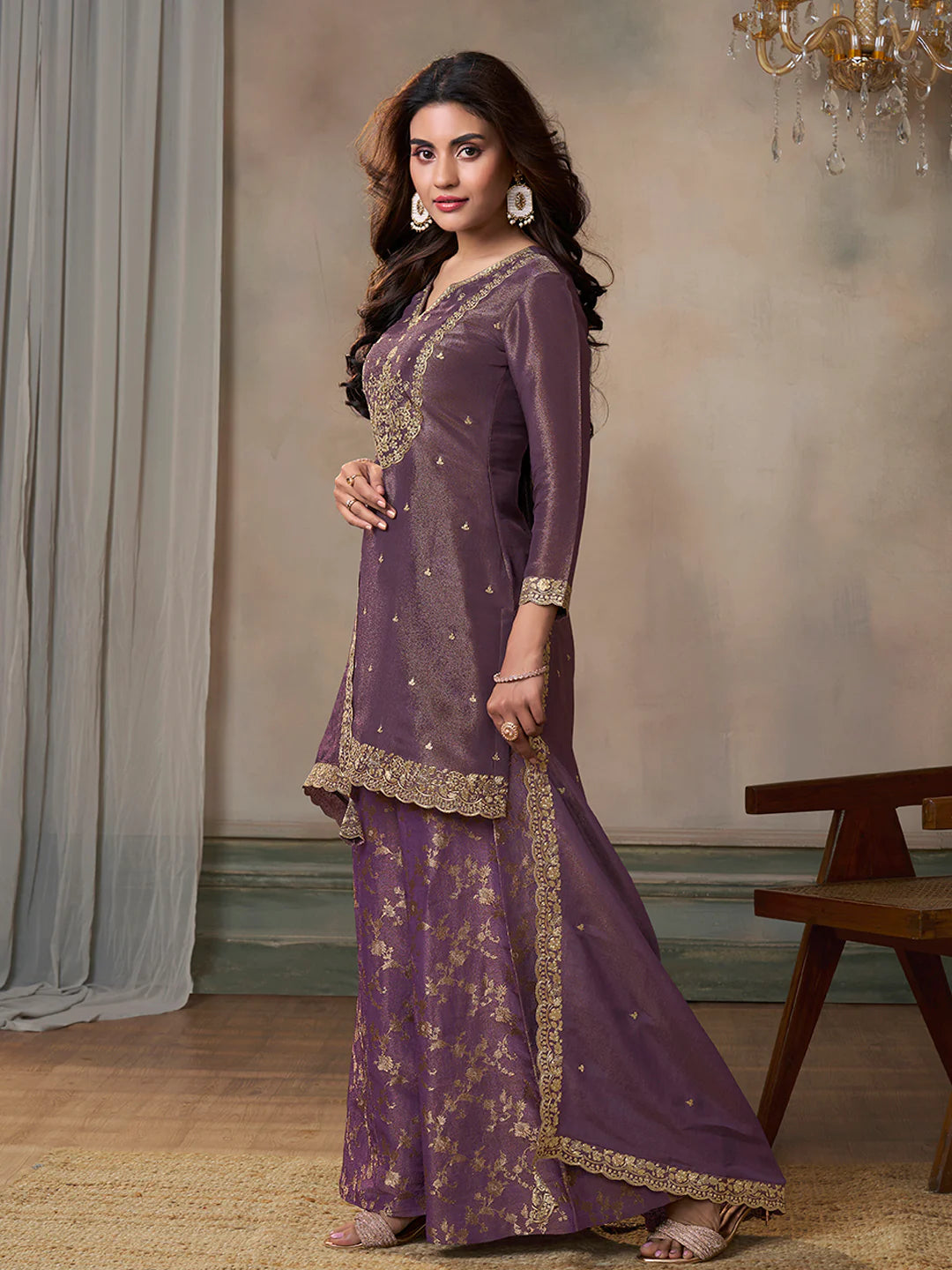 Purple Viscose Tissue with Pitta work Sharara Suit Set