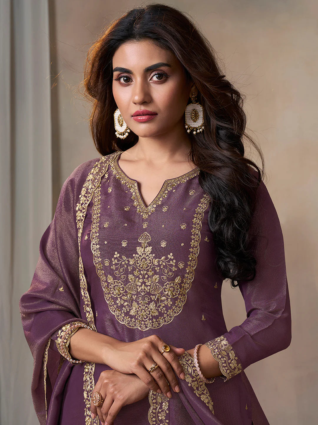 Purple Viscose Tissue with Pitta work Sharara Suit Set