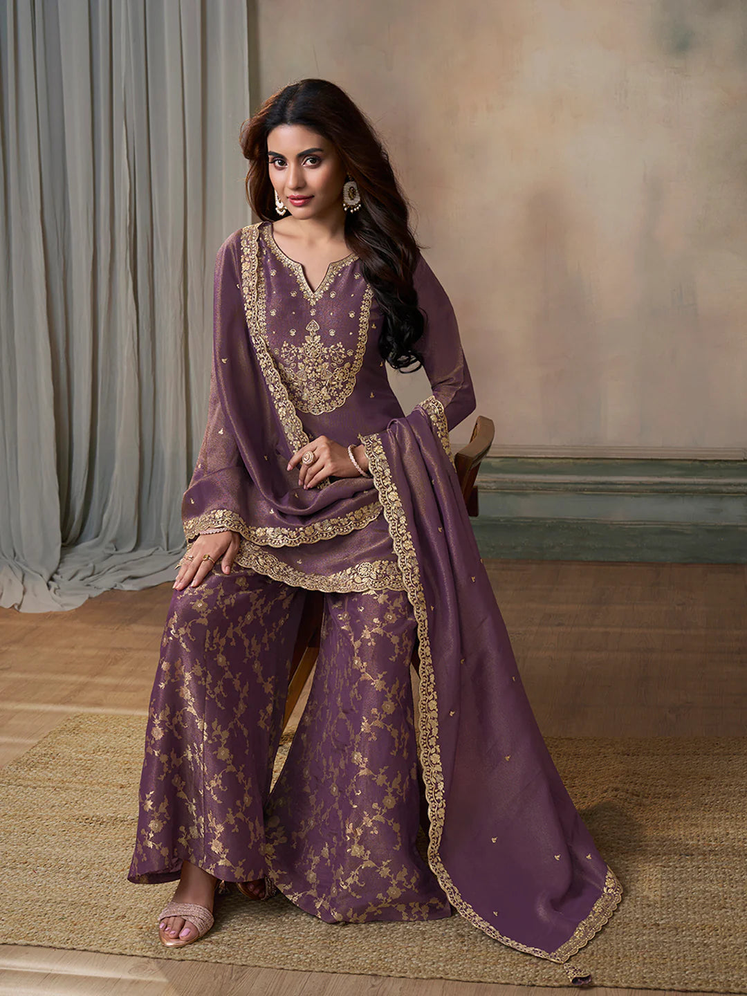 Purple Viscose Tissue with Pitta work Sharara Suit Set