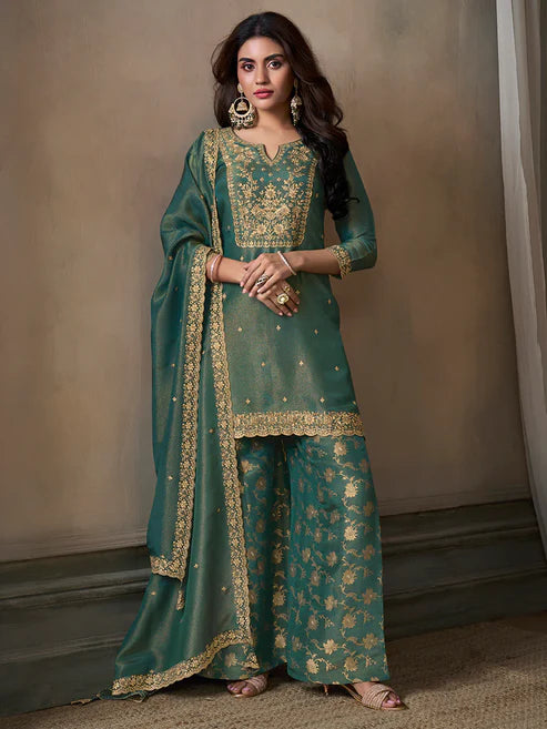 Sea Green Viscose Tissue with Pitta work Sharara Suit Set