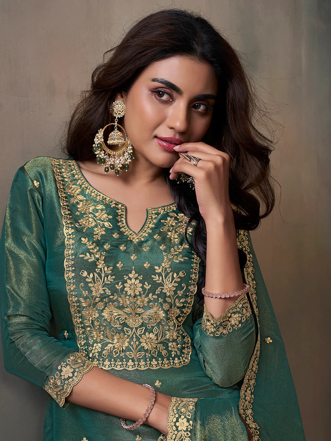 Sea Green Viscose Tissue with Pitta work Sharara Suit Set