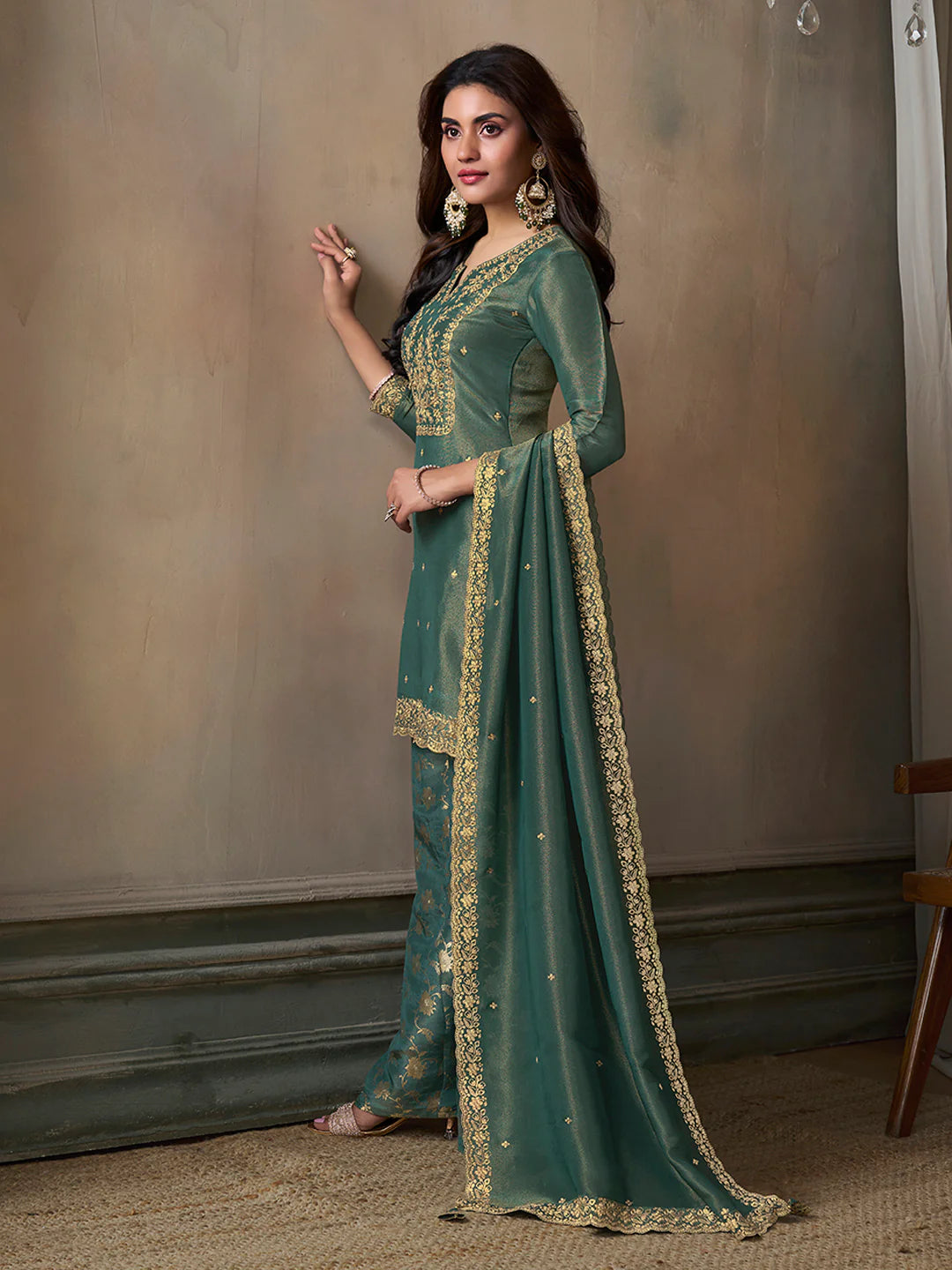 Sea Green Viscose Tissue with Pitta work Sharara Suit Set