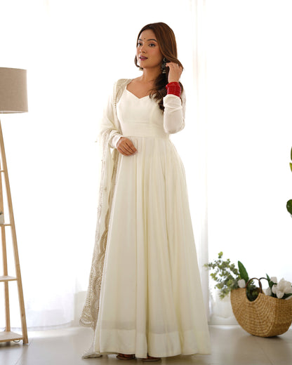 Embrace Pure Roman Silk Anarkali Suit Set with Dupatta, Pants, and Flared Design