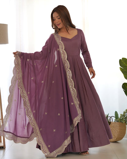 Embrace Pure Roman Silk Anarkali Suit Set with Dupatta, Pants, and Flared Design