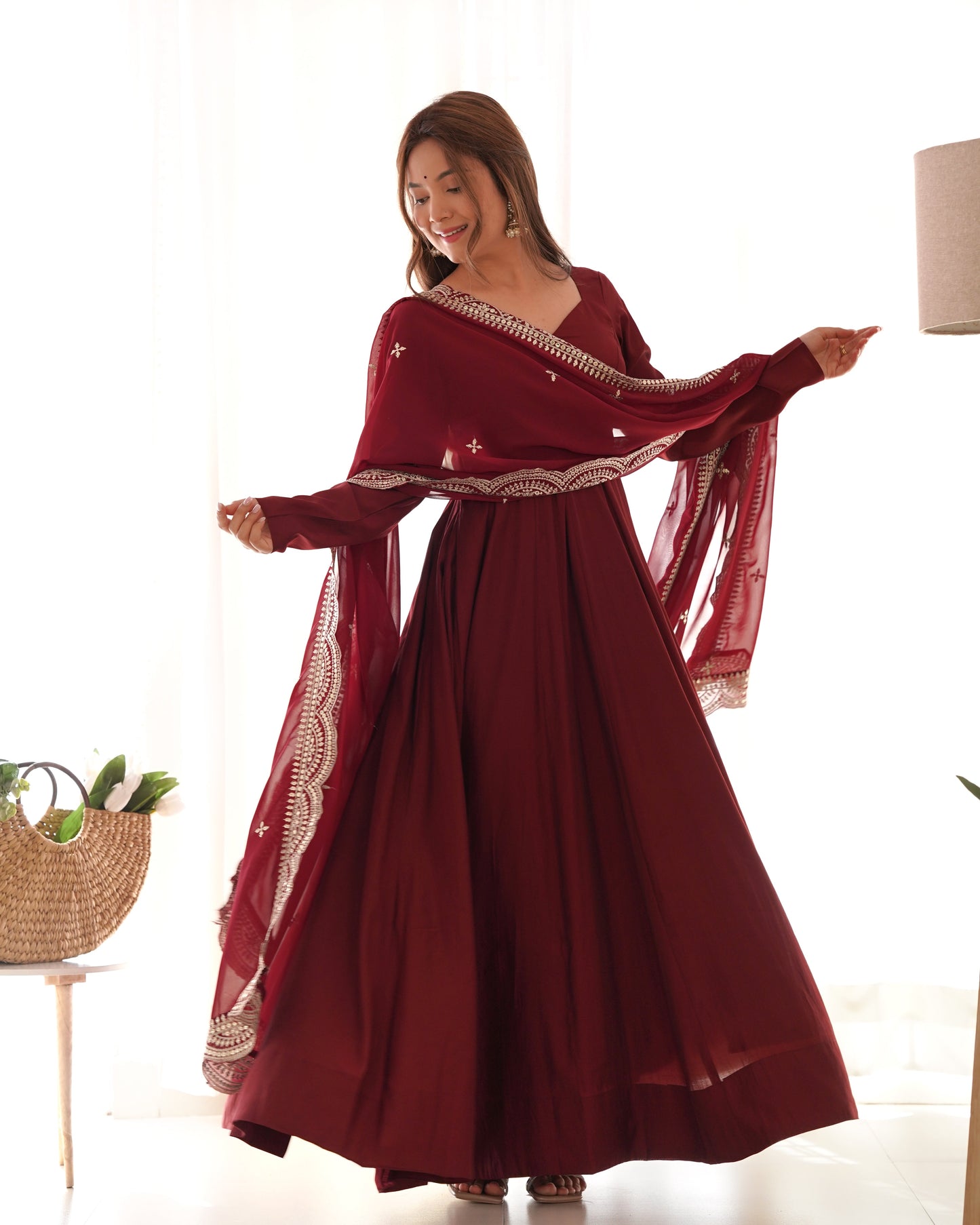 Embrace Pure Roman Silk Anarkali Suit Set with Dupatta, Pants, and Flared Design