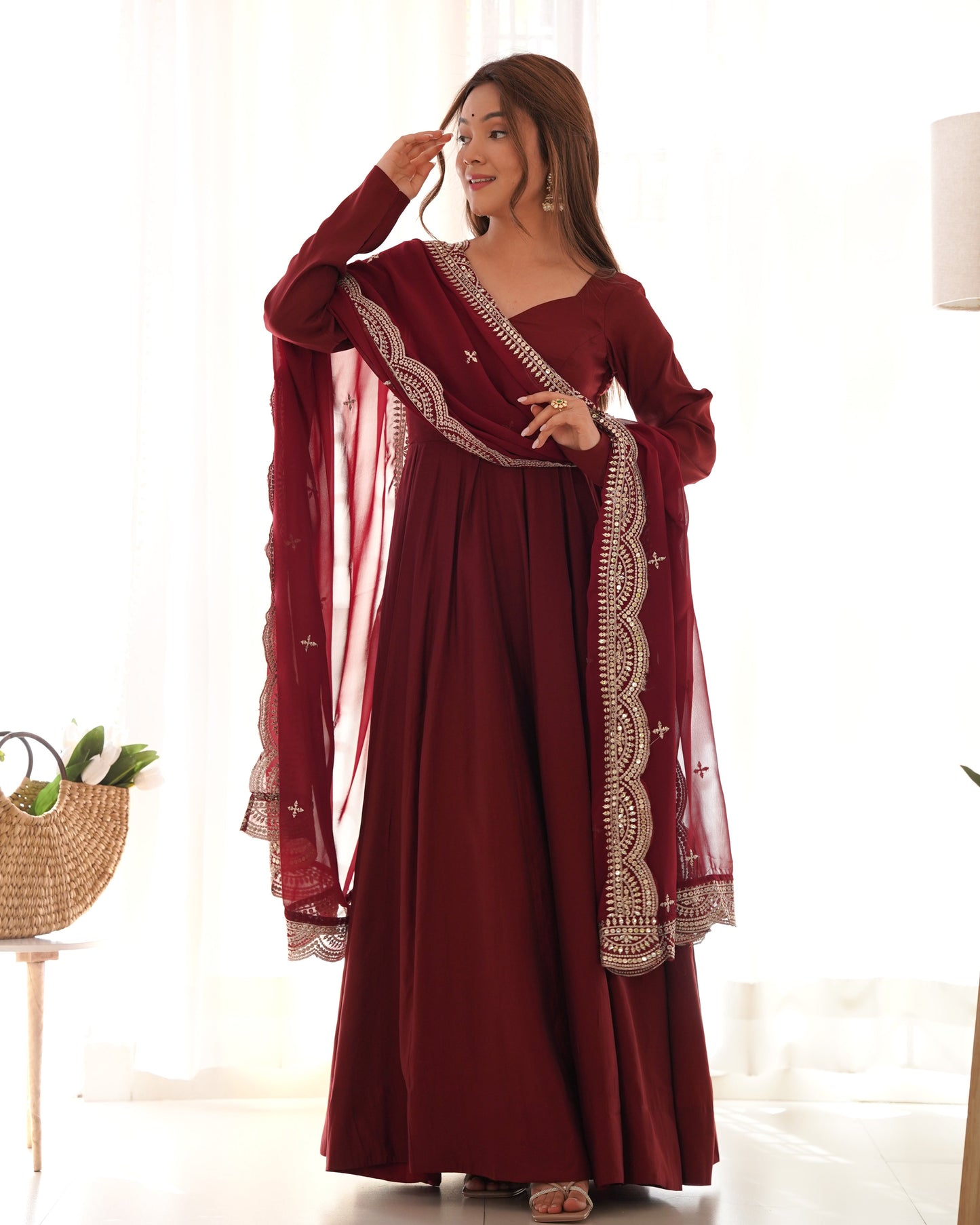 Embrace Pure Roman Silk Anarkali Suit Set with Dupatta, Pants, and Flared Design