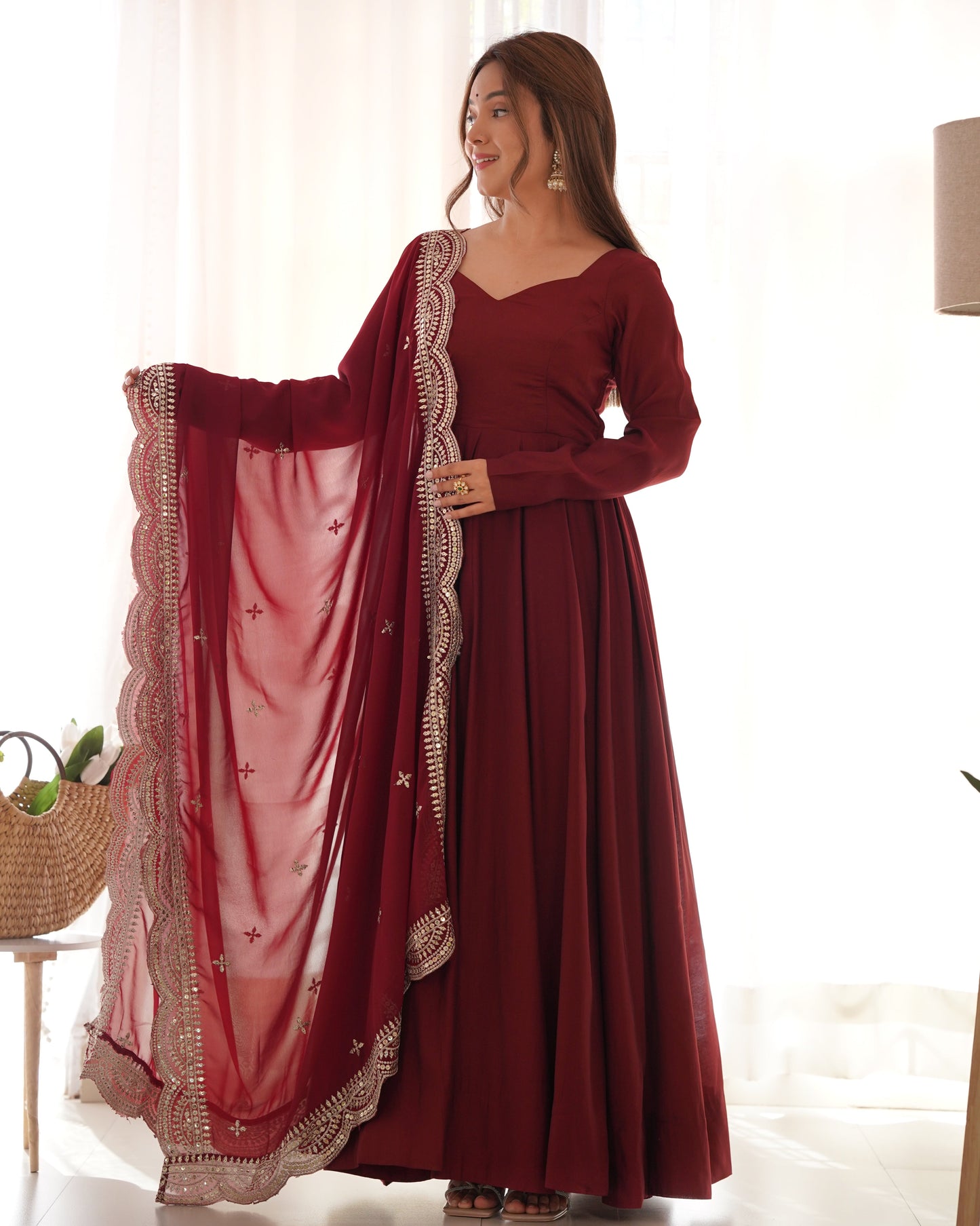 Embrace Pure Roman Silk Anarkali Suit Set with Dupatta, Pants, and Flared Design