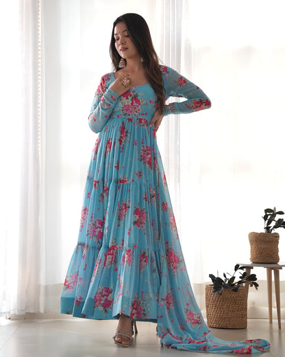 Elegant Floral Print Pure Fox Georgette Fabric Gown