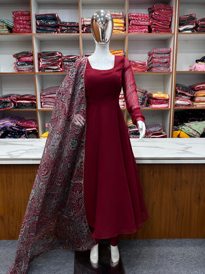 Maroon Triangle Lace Pure Soft Fox Georgette Fully Flair Anarkali Suit KB-252