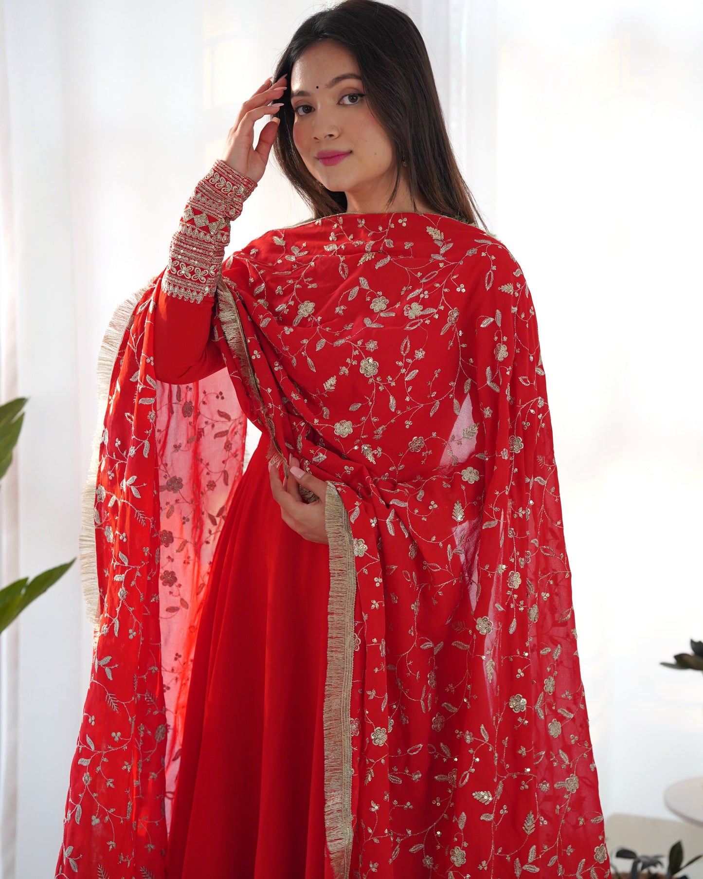 Jelina Red Color Soft Georgette With Embroidery Work Dupatta Anarkali Gown