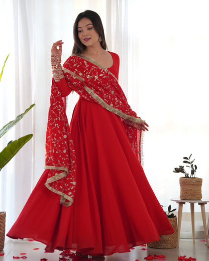 Jelina Red Color Soft Georgette With Embroidery Work Dupatta Anarkali Gown