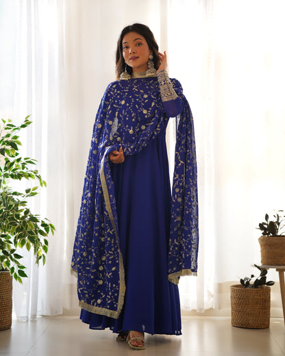 Blue Color Soft Georgette With Embroidery Work Dupatta Anarkali Gown