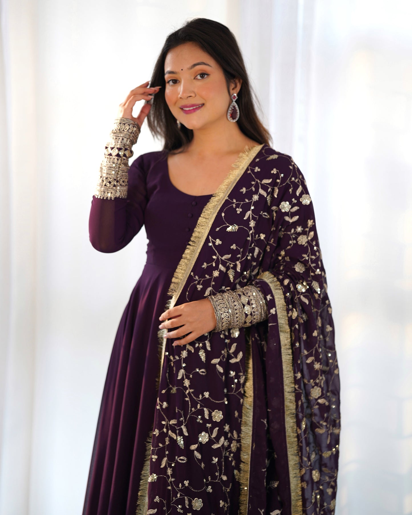 Wine Color Soft Georgette With Embroidery Work Dupatta Anarkali Gown