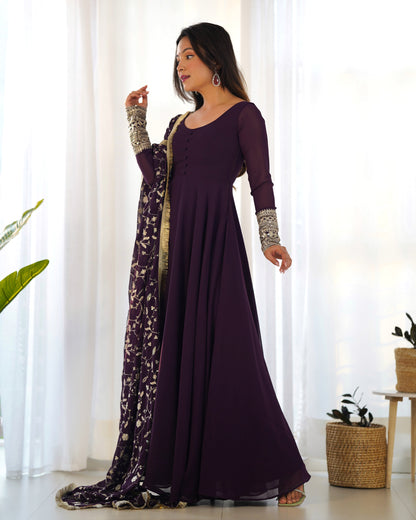 Wine Color Soft Georgette With Embroidery Work Dupatta Anarkali Gown