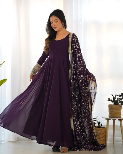 Wine Color Soft Georgette With Embroidery Work Dupatta Anarkali Gown