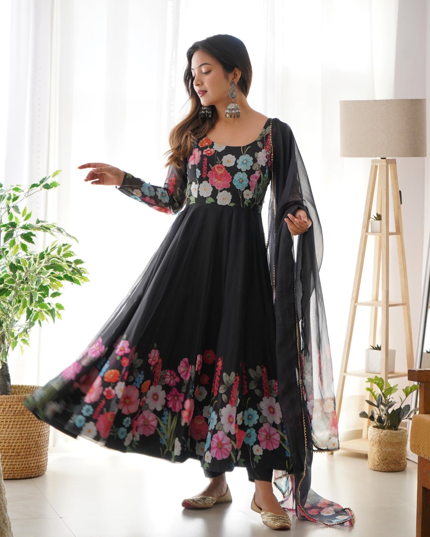 Ethereal Charm Soft Floral Organza Anarkali With Dupatta And Pant