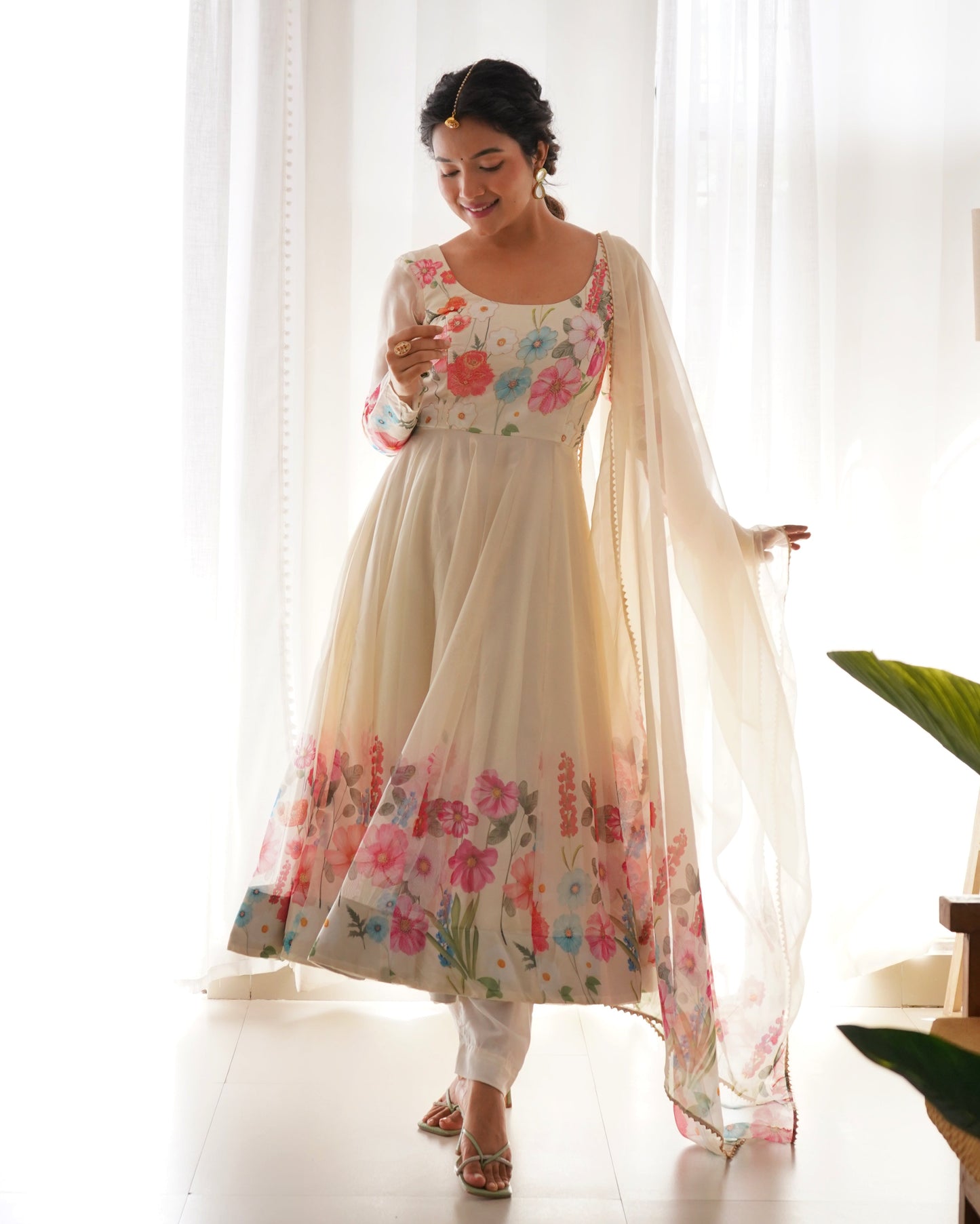 Ethereal Charm Soft Floral Organza Anarkali With Dupatta And Pant