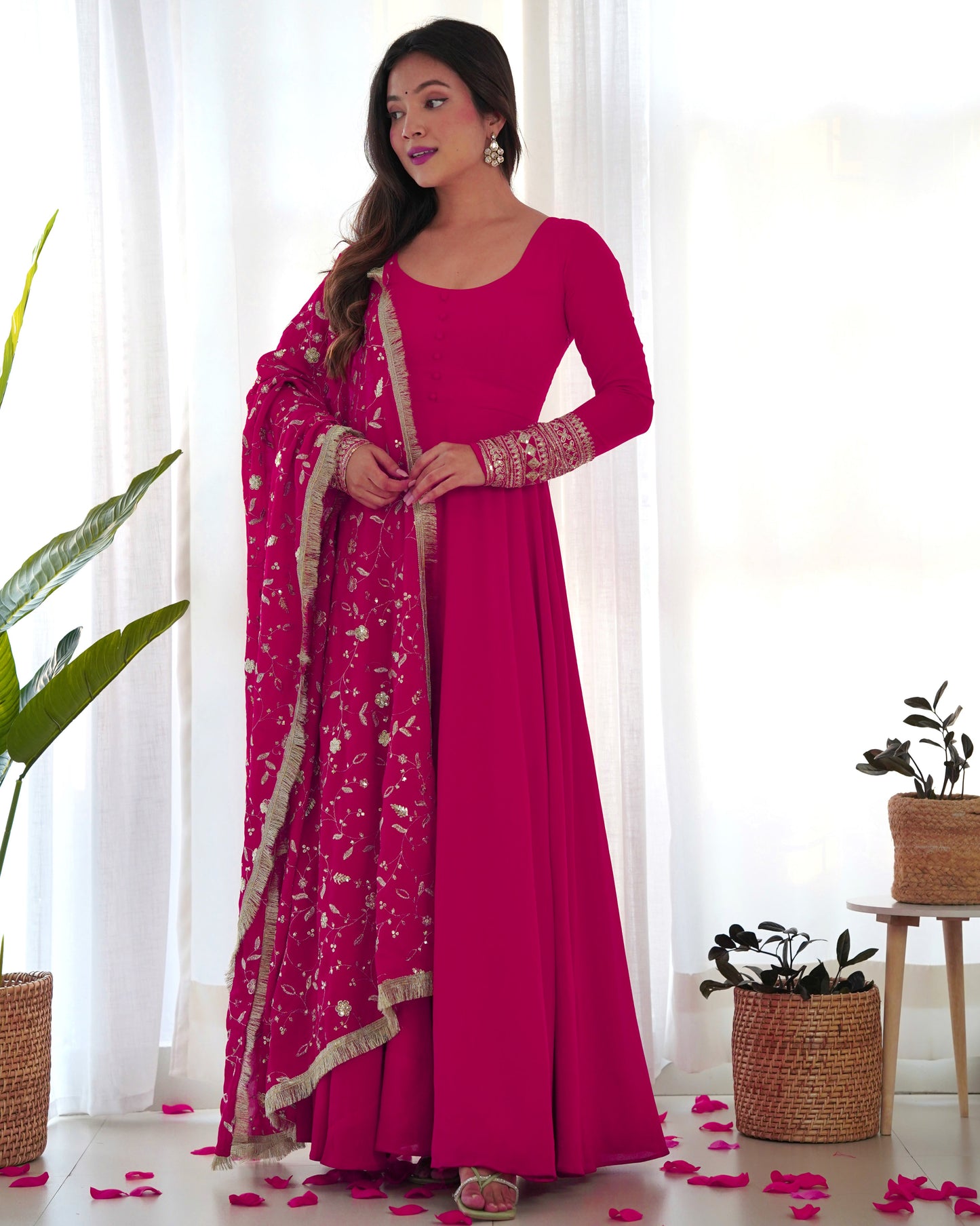 Rani Pink Color Soft Georgette With Embroidery Work Dupatta Anarkali Gown