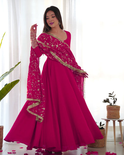 Rani Pink Color Soft Georgette With Embroidery Work Dupatta Anarkali Gown