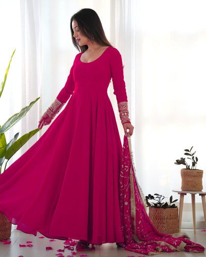 Rani Pink Color Soft Georgette With Embroidery Work Dupatta Anarkali Gown