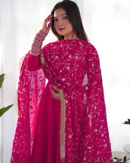 Rani Pink Color Soft Georgette With Embroidery Work Dupatta Anarkali Gown