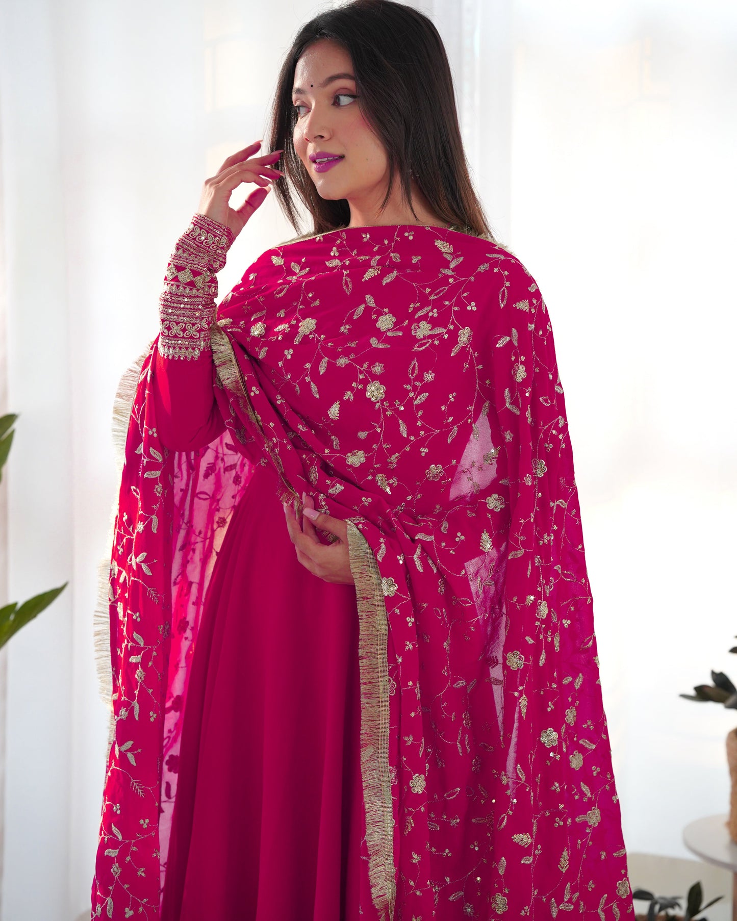 Rani Pink Color Soft Georgette With Embroidery Work Dupatta Anarkali Gown