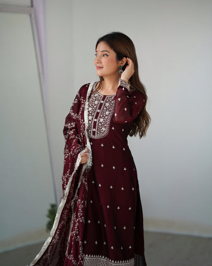 Graceful Maroon Embroidered Chiffon Kameez and Dupatta Set