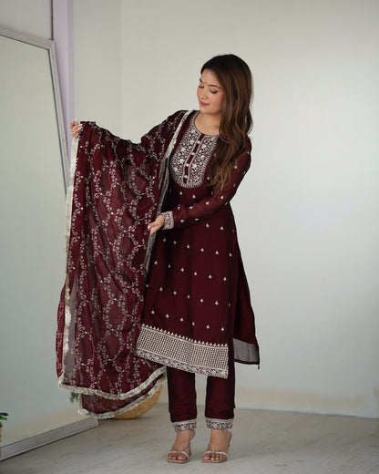 Graceful Maroon Embroidered Chiffon Kameez and Dupatta Set