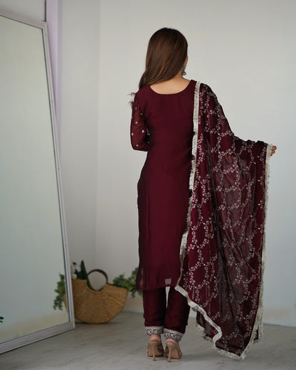 Graceful Maroon Embroidered Chiffon Kameez and Dupatta Set