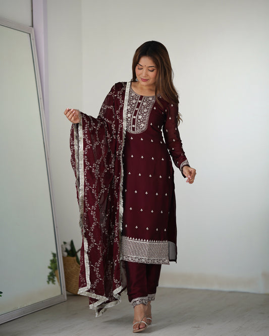 Graceful Maroon Embroidered Chiffon Kameez and Dupatta Set