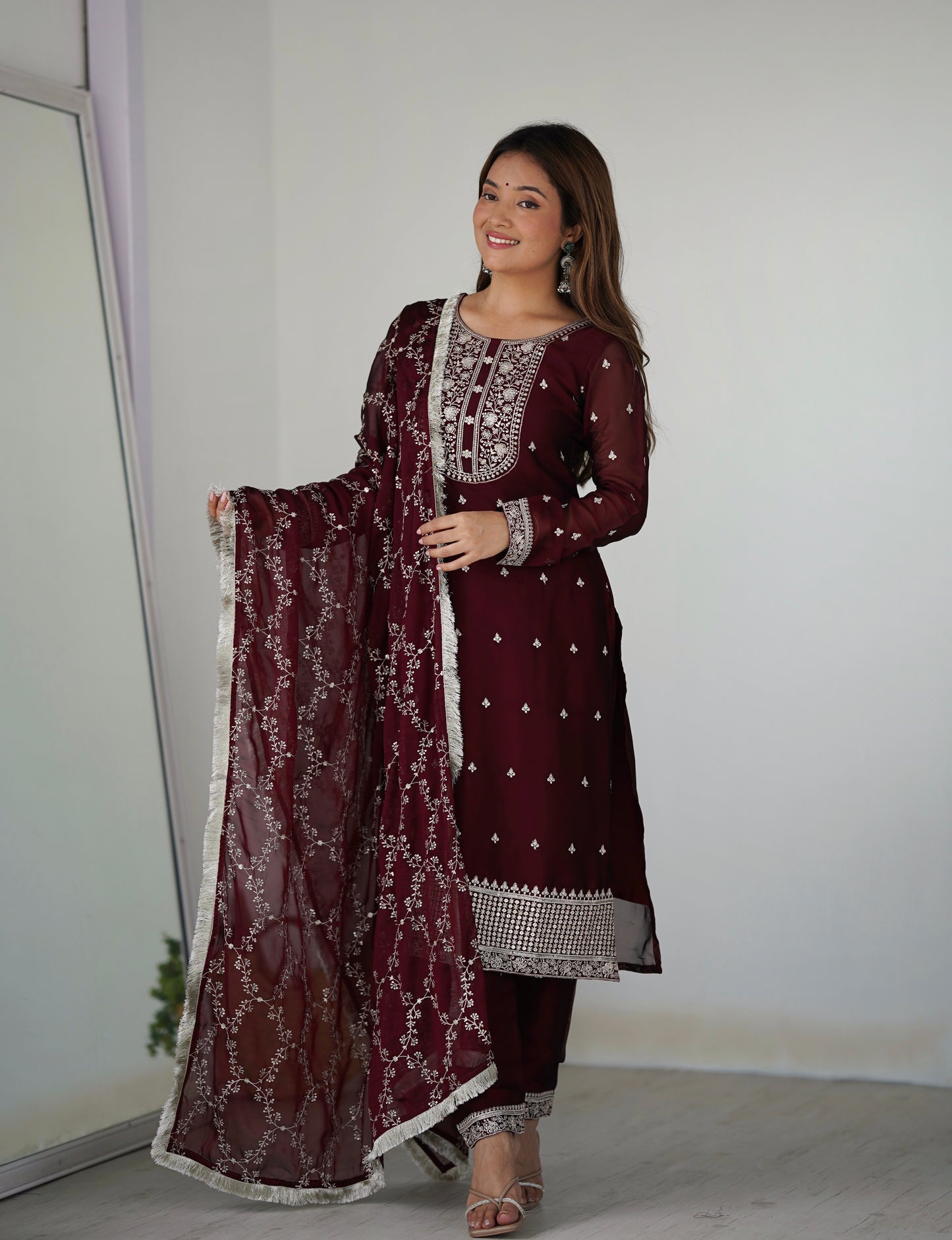 Graceful Maroon Embroidered Chiffon Kameez and Dupatta Set