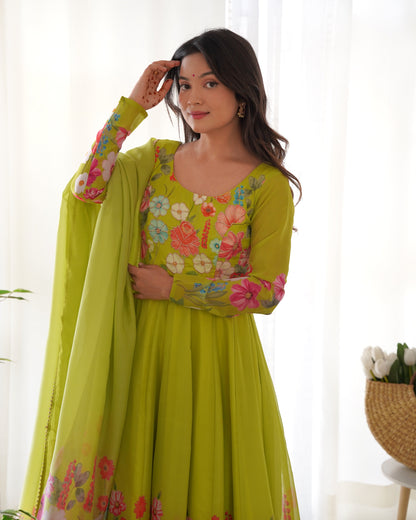 Ethereal Charm Soft Floral Organza Anarkali With Dupatta And Pant