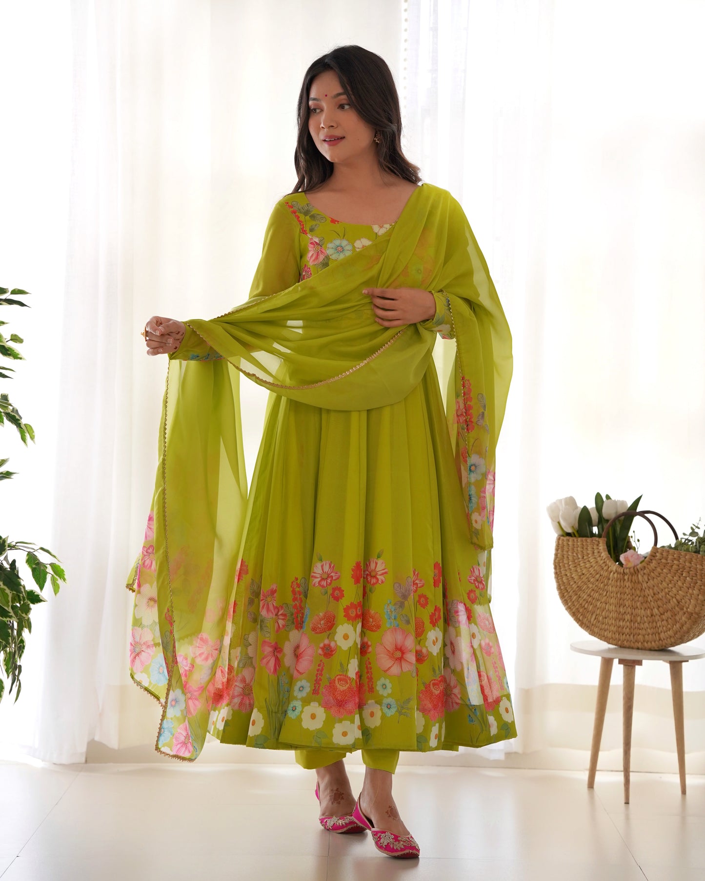 Ethereal Charm Soft Floral Organza Anarkali With Dupatta And Pant